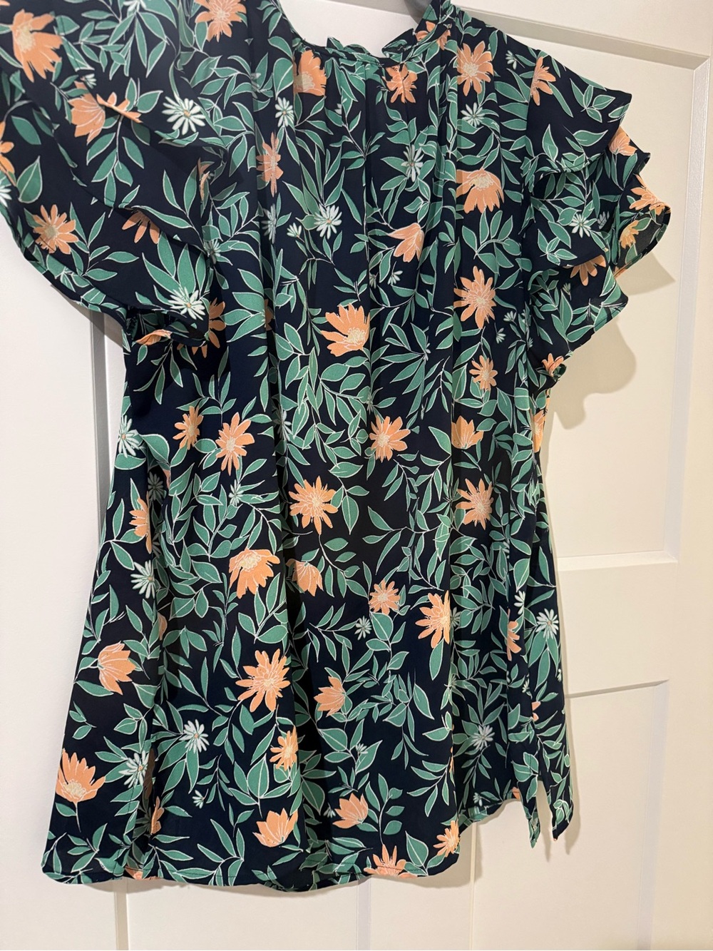 Liz Claiborne Navy Floral Ruffle-Sleeve Blouse with Peach & Green Print